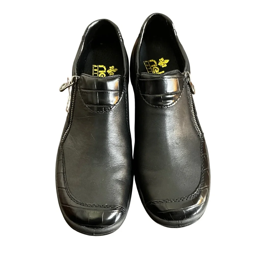 NWOB Reiker Women's Walking Shoes Black Leather Croc Trim Zipper size 41 Comfort